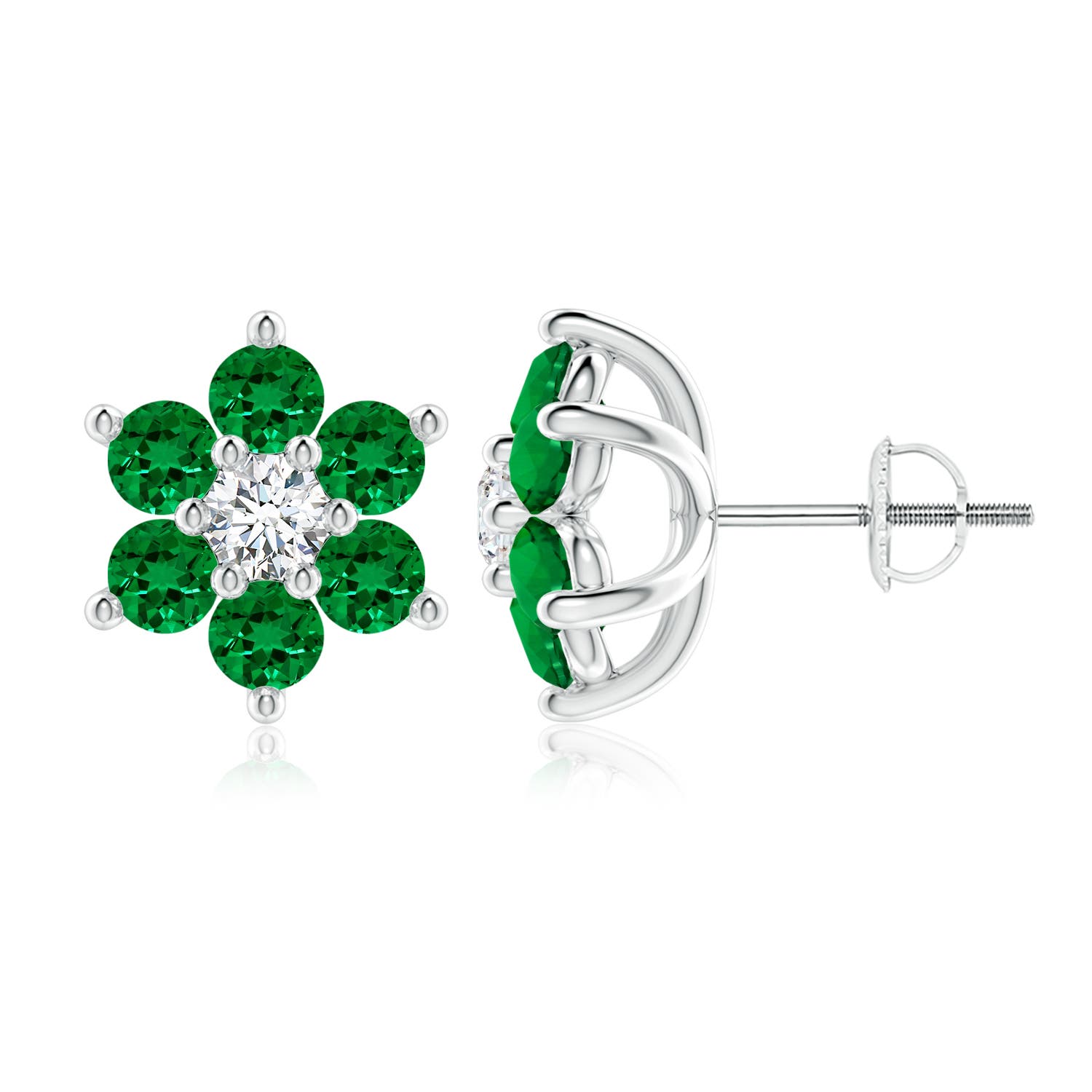 3.5mm Labgrown Lab-Grown Six Petal Emerald and Lab Diamond Flower Stud Earrings in White Gold