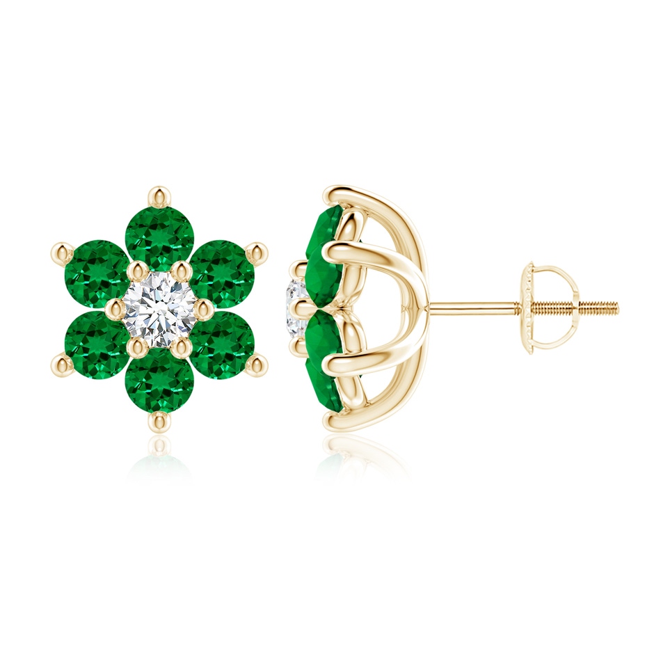 3.5mm Labgrown Lab-Grown Six Petal Emerald and Lab Diamond Flower Stud Earrings in Yellow Gold 