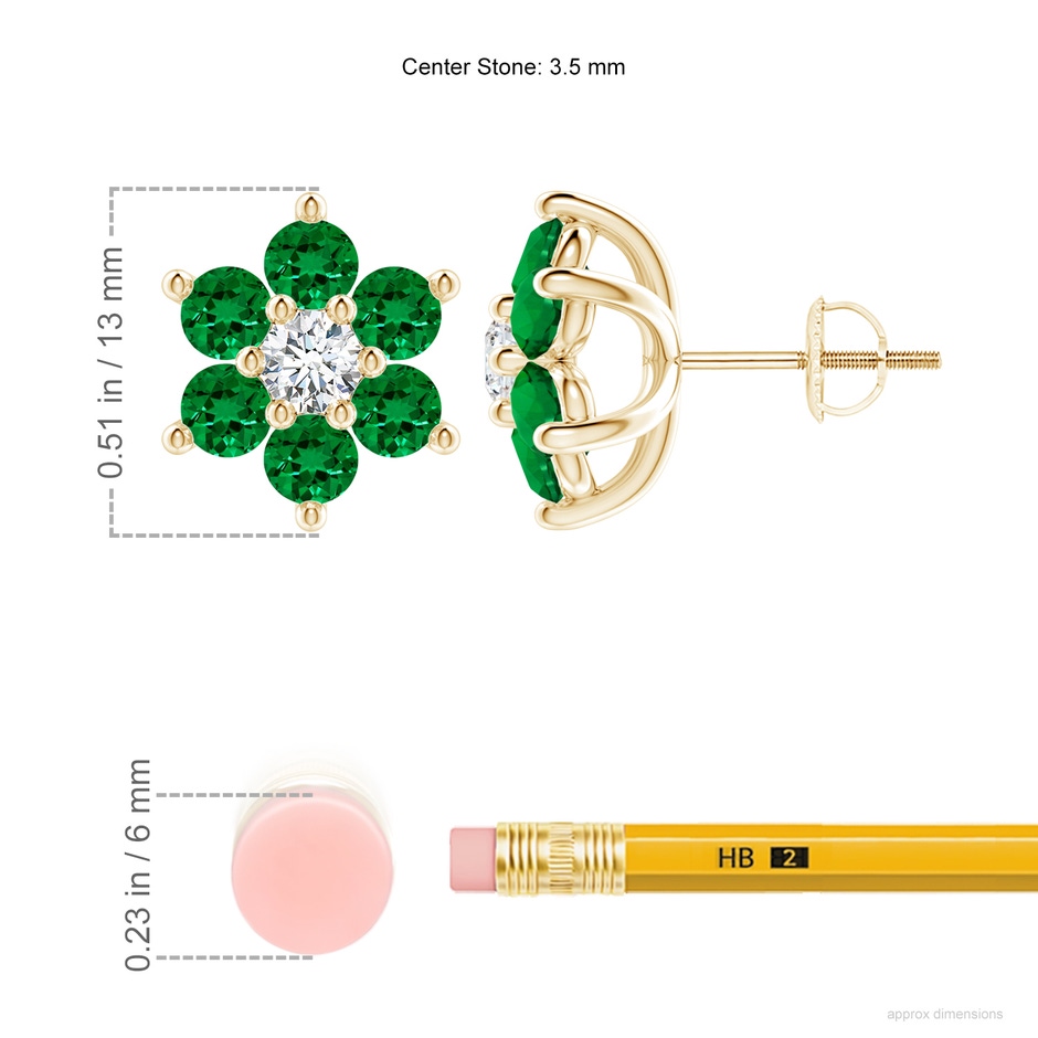 3.5mm Labgrown Lab-Grown Six Petal Emerald and Lab Diamond Flower Stud Earrings in Yellow Gold ruler