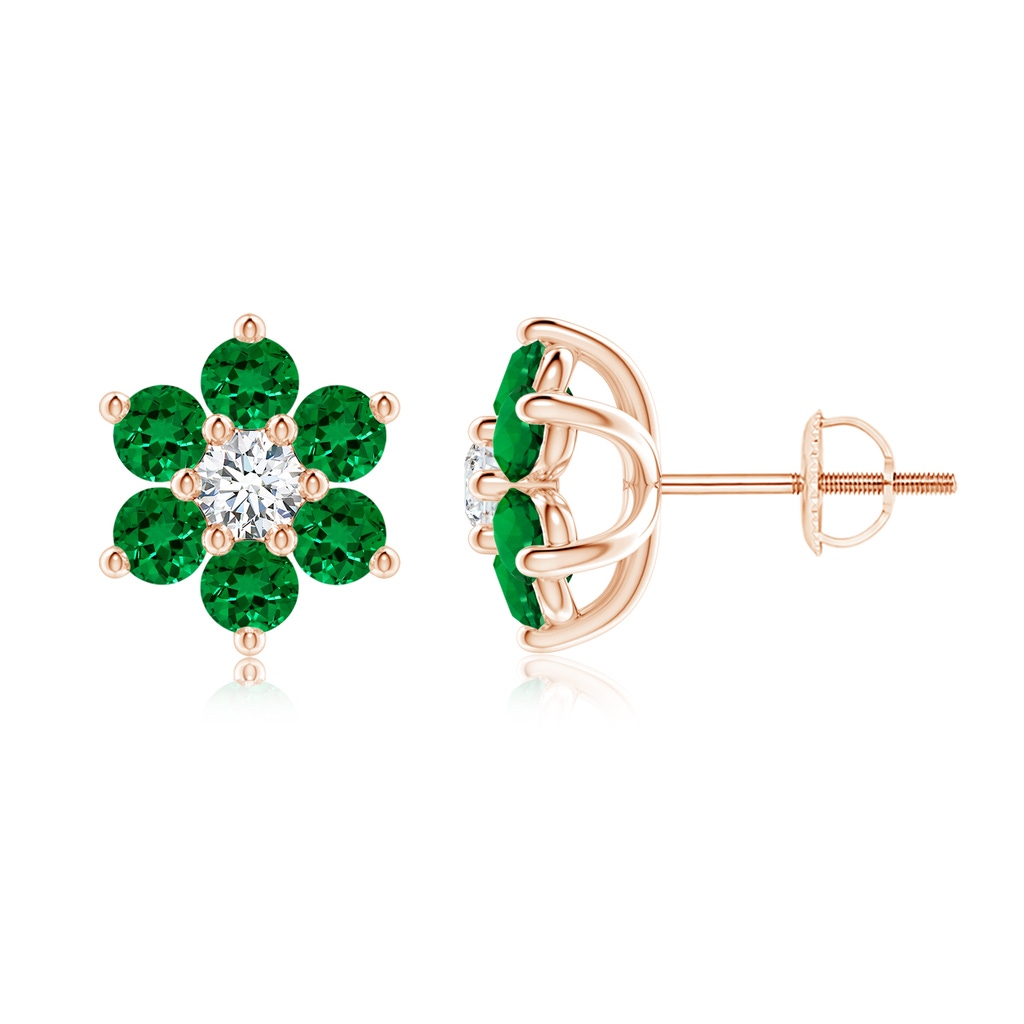 3mm Labgrown Lab-Grown Six Petal Emerald and Lab Diamond Flower Stud Earrings in Rose Gold