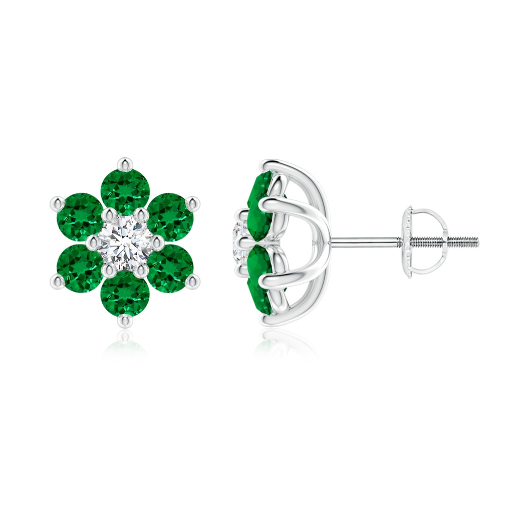 3mm Labgrown Lab-Grown Six Petal Emerald and Lab Diamond Flower Stud Earrings in White Gold