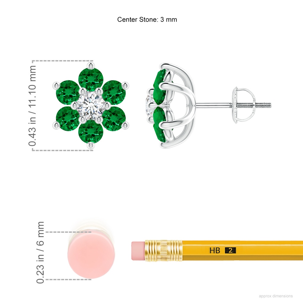 3mm Labgrown Lab-Grown Six Petal Emerald and Lab Diamond Flower Stud Earrings in White Gold ruler