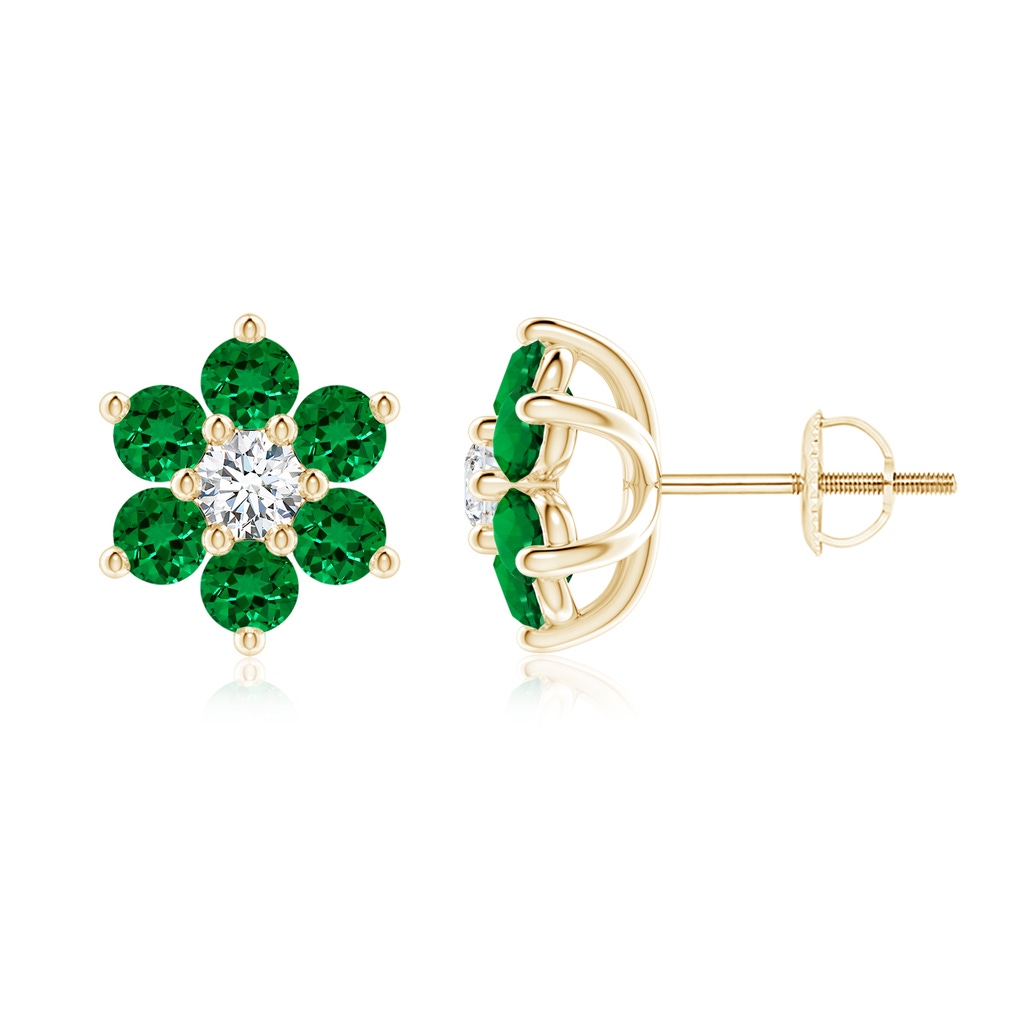 3mm Labgrown Lab-Grown Six Petal Emerald and Lab Diamond Flower Stud Earrings in Yellow Gold