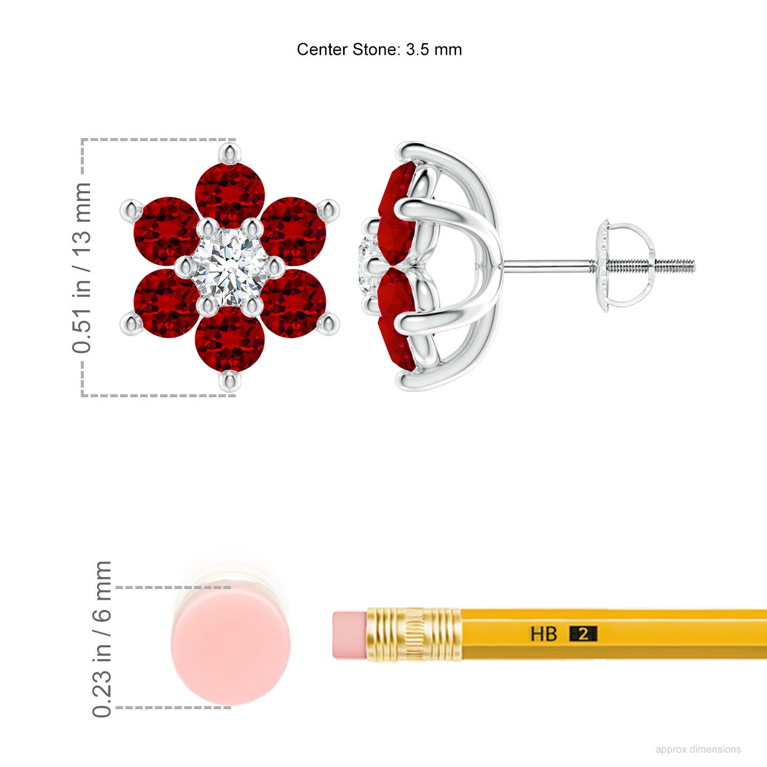 3.5mm Labgrown Lab-Grown Six Petal Ruby and Lab Diamond Flower Stud Earrings in 18CT White Gold - ruler