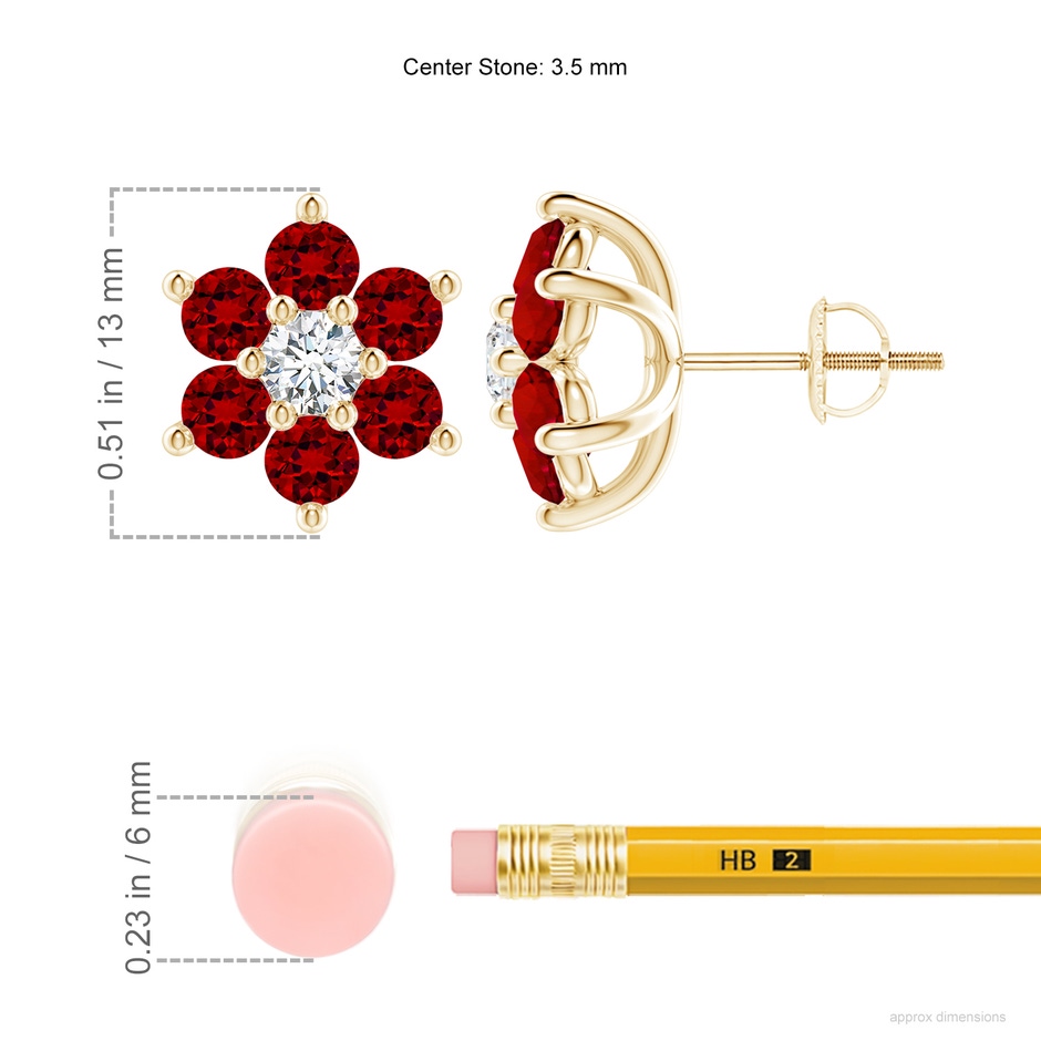 3.5mm Labgrown Lab-Grown Six Petal Ruby and Lab Diamond Flower Stud Earrings in 18K Yellow Gold ruler