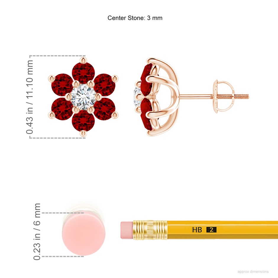 3mm Labgrown Lab-Grown Six Petal Ruby and Lab Diamond Flower Stud Earrings in Rose Gold ruler