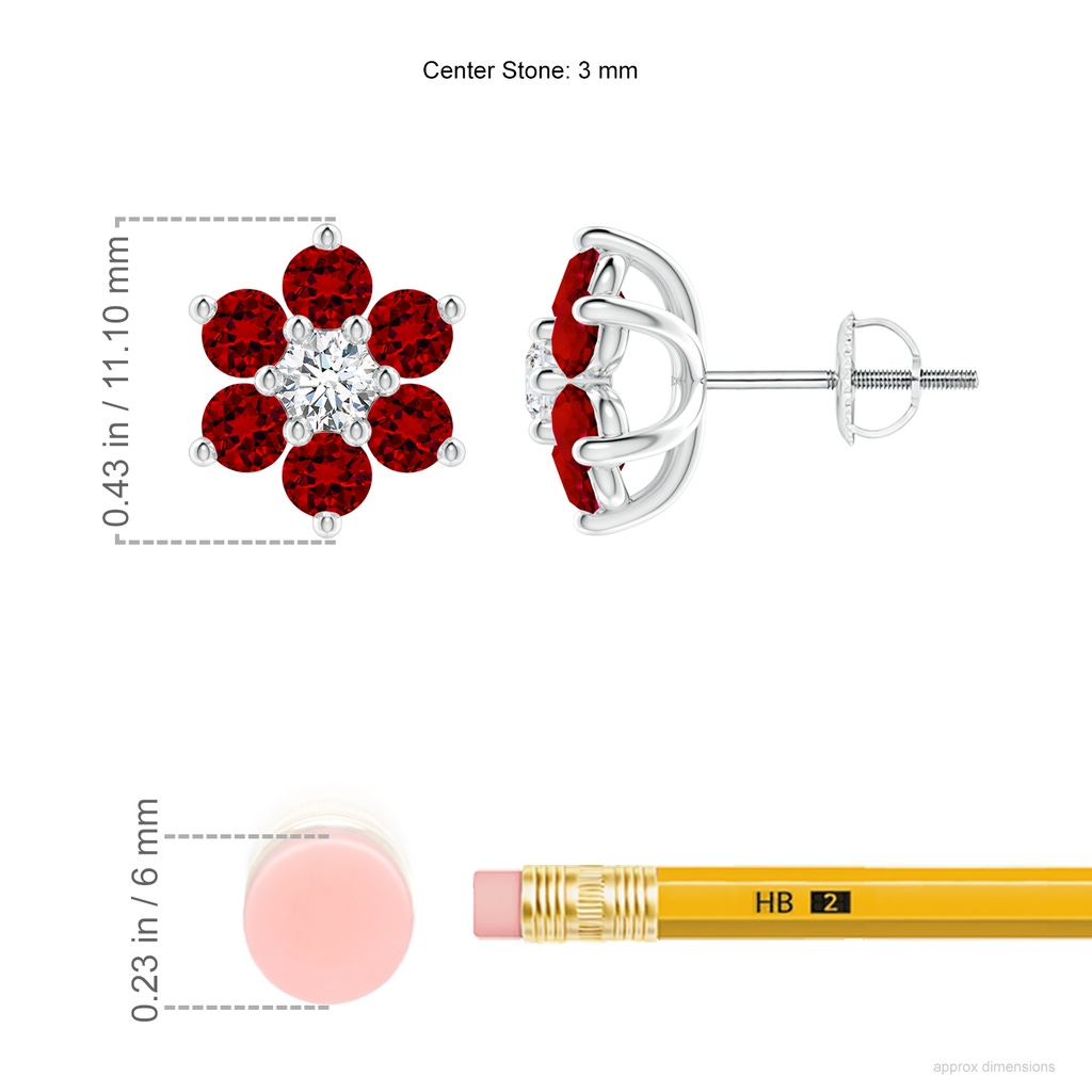 3mm Labgrown Lab-Grown Six Petal Ruby and Lab Diamond Flower Stud Earrings in White Gold ruler