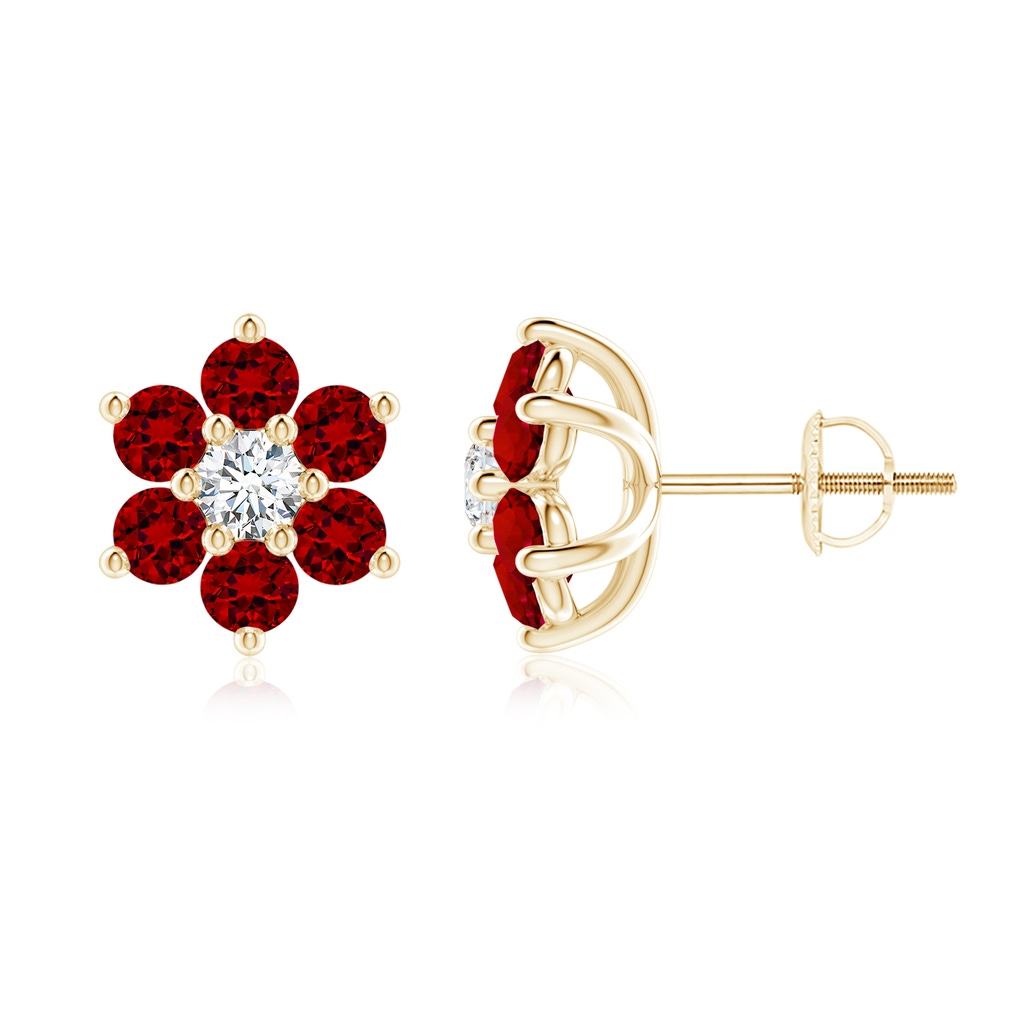 3mm Labgrown Lab-Grown Six Petal Ruby and Lab Diamond Flower Stud Earrings in Yellow Gold