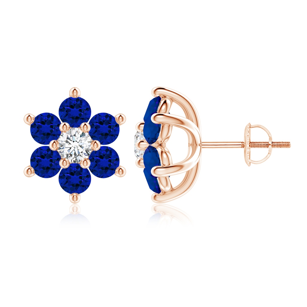 3.5mm Labgrown Lab-Grown Six Petal Blue Sapphire and Lab Diamond Flower Stud Earrings in 10K Rose Gold