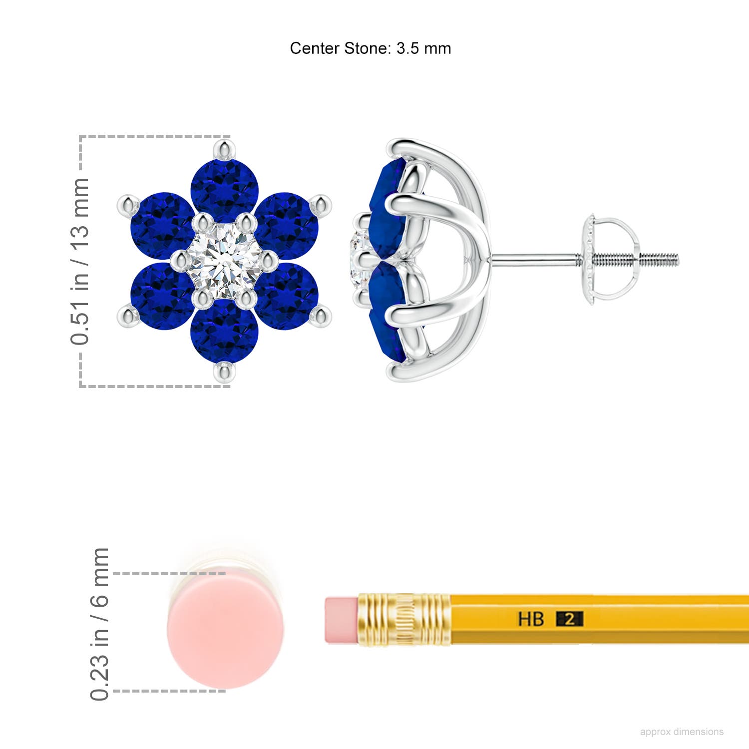 3.5mm Labgrown Lab-Grown Six Petal Blue Sapphire and Lab Diamond Flower Stud Earrings in White Gold - ruler