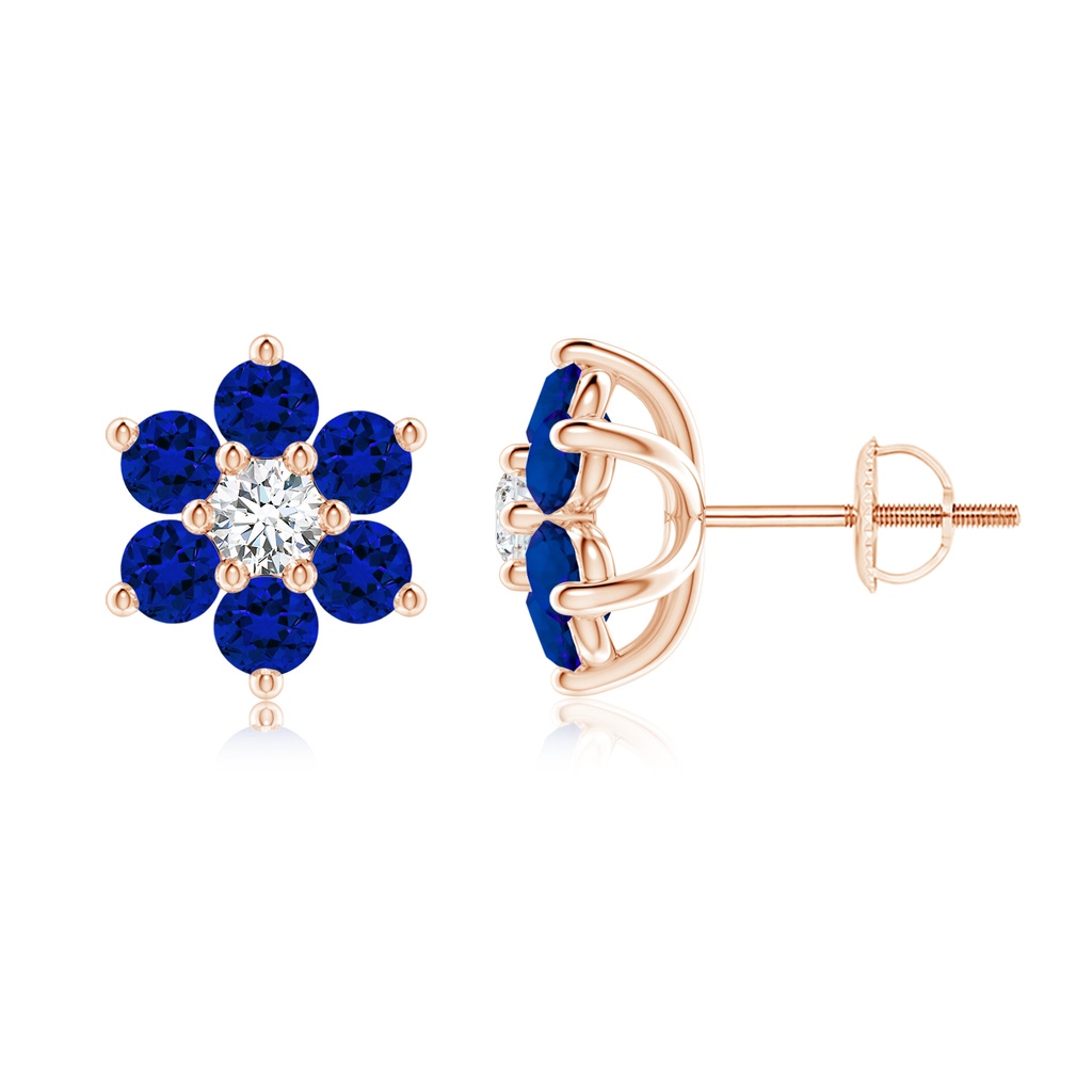 3mm Labgrown Lab-Grown Six Petal Blue Sapphire and Lab Diamond Flower Stud Earrings in Rose Gold