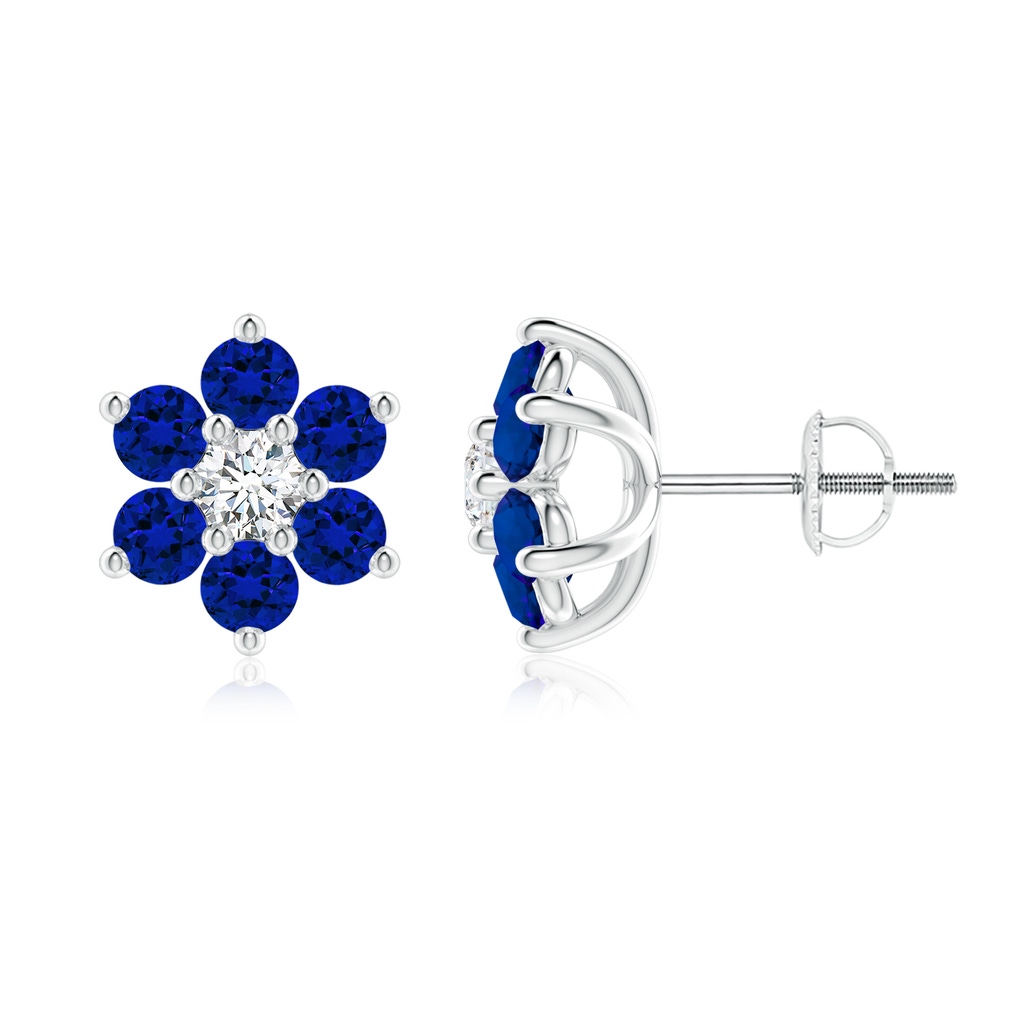 3mm Labgrown Lab-Grown Six Petal Blue Sapphire and Lab Diamond Flower Stud Earrings in White Gold