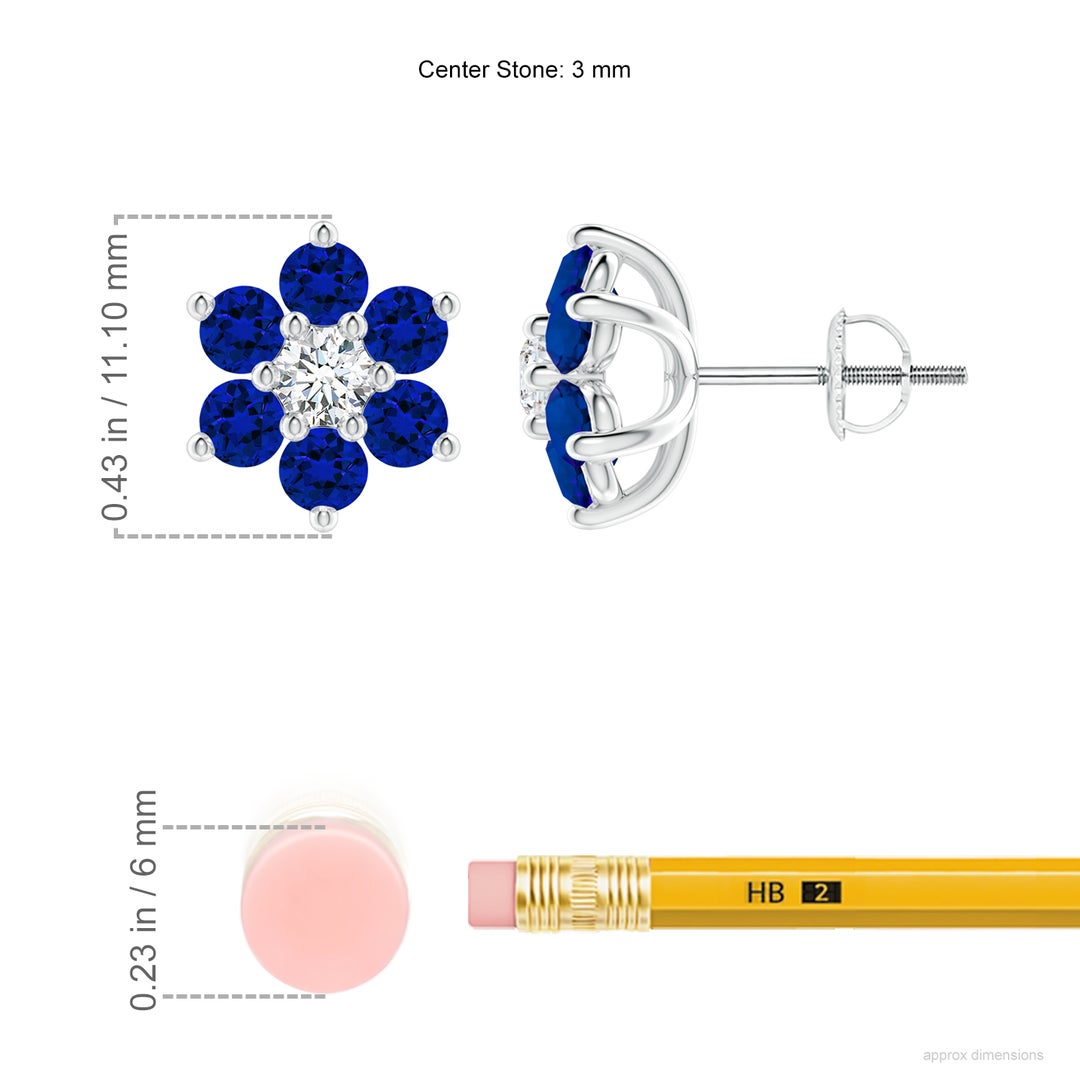 3mm Labgrown Lab-Grown Six Petal Blue Sapphire and Lab Diamond Flower Stud Earrings in White Gold - ruler