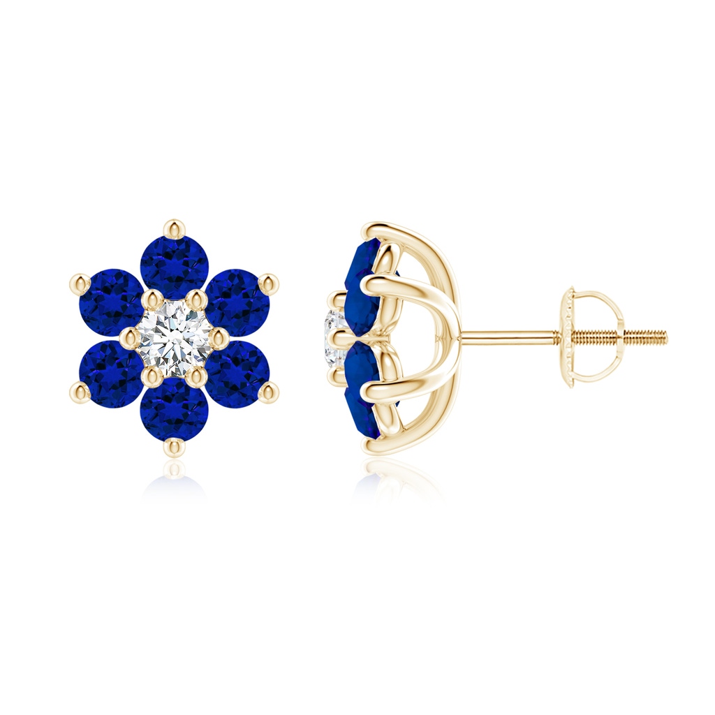 3mm Labgrown Lab-Grown Six Petal Blue Sapphire and Lab Diamond Flower Stud Earrings in Yellow Gold