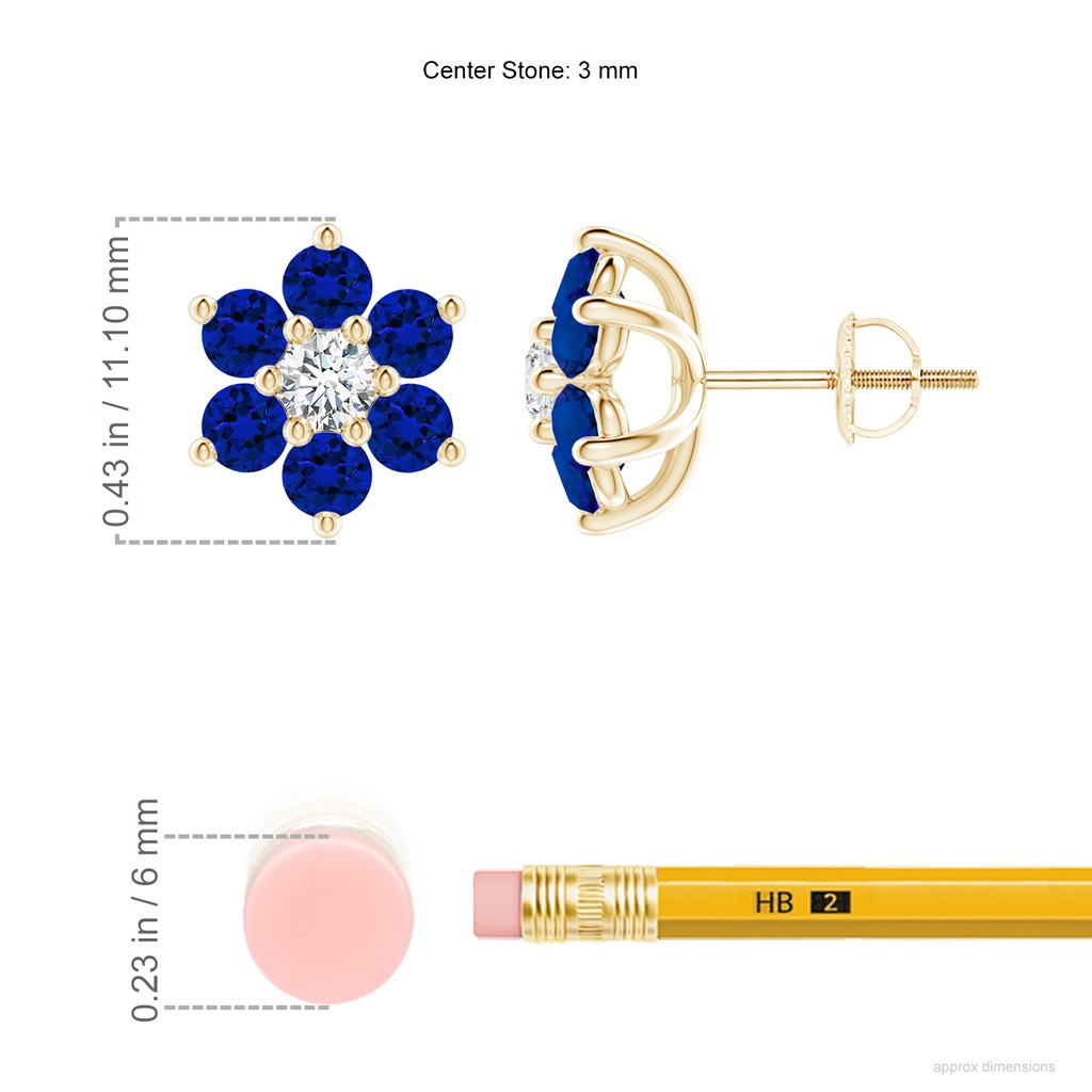 3mm Labgrown Lab-Grown Six Petal Blue Sapphire and Lab Diamond Flower Stud Earrings in Yellow Gold ruler