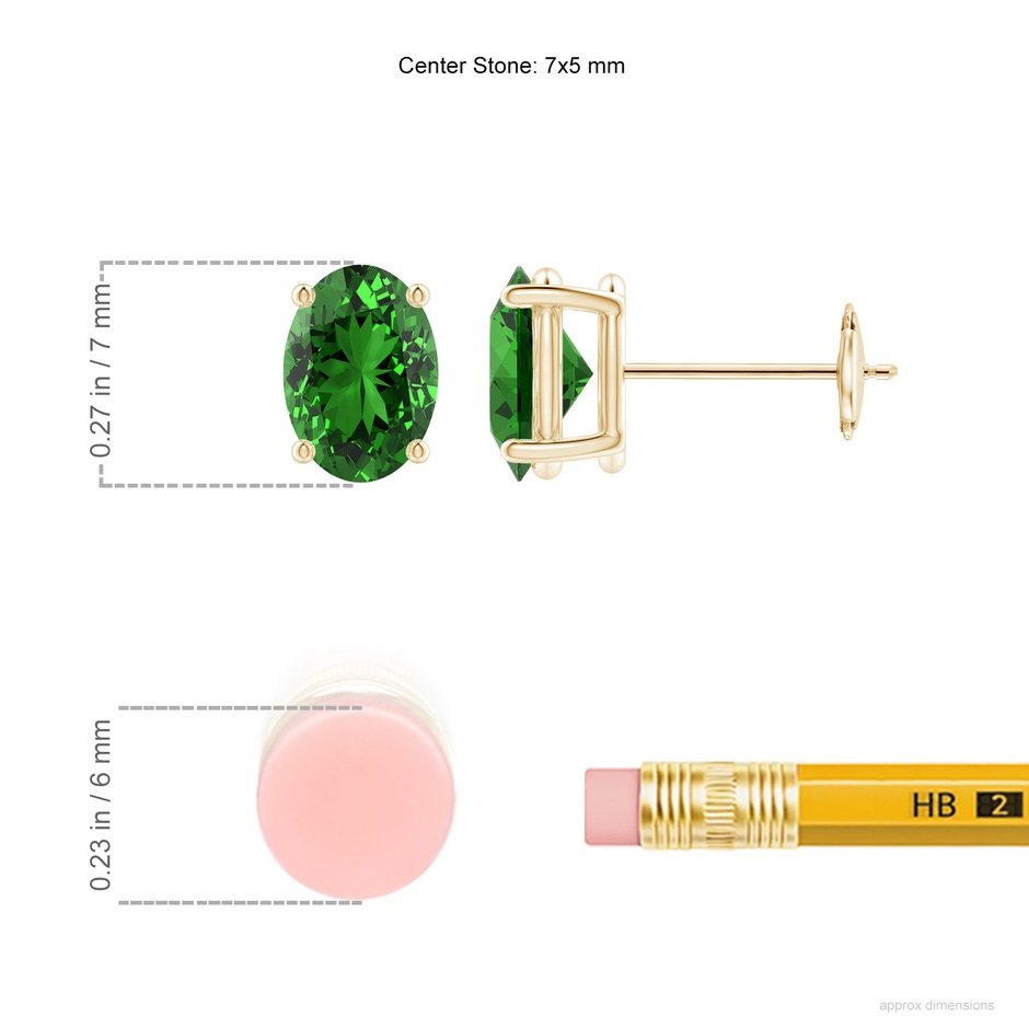 7x5mm Labgrown Lab-Grown Prong-Set Solitaire Oval Emerald Stud Earrings in Yellow Gold ruler