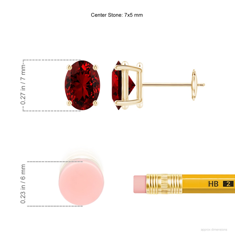 7x5mm Labgrown Lab-Grown Prong-Set Solitaire Oval Ruby Stud Earrings in Yellow Gold ruler