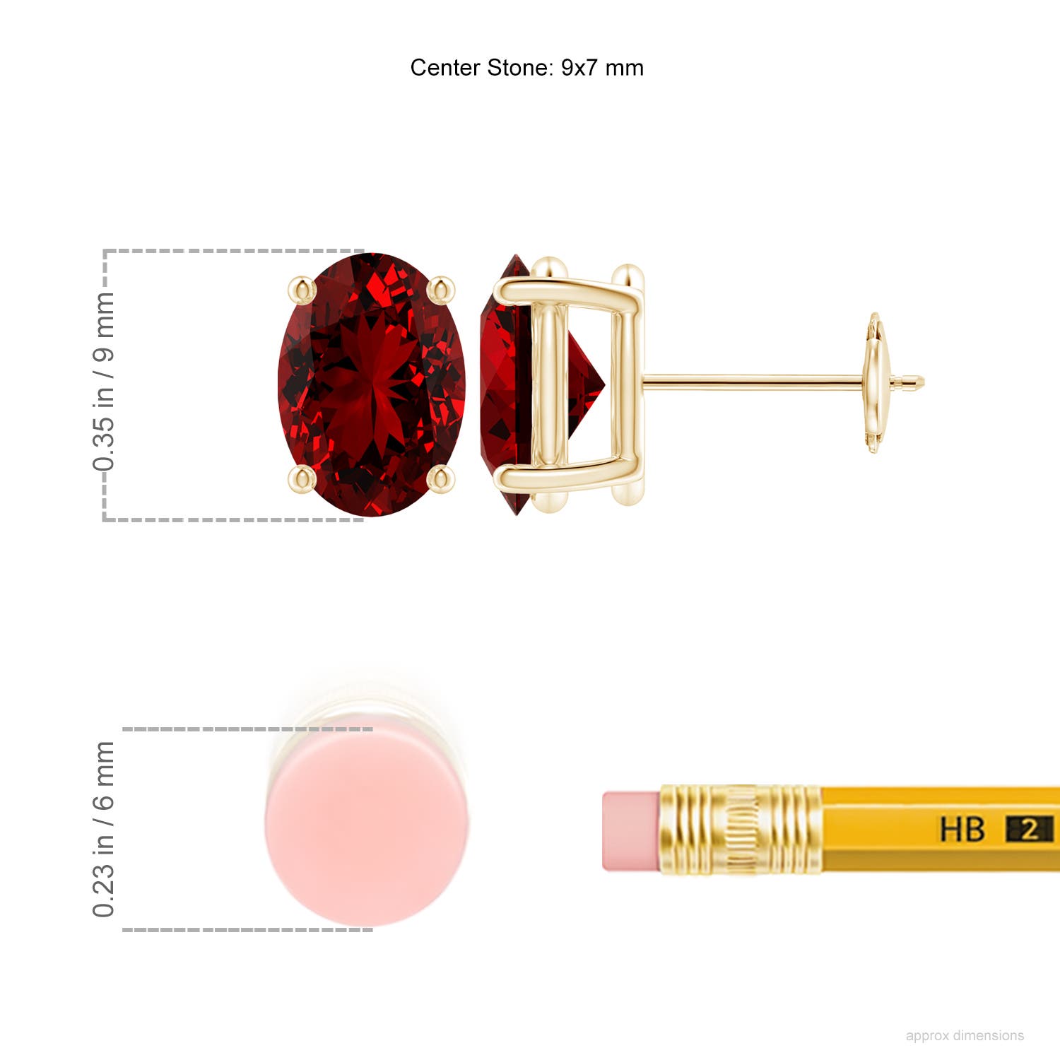 9x7mm Labgrown Lab-Grown Prong-Set Solitaire Oval Ruby Stud Earrings in Yellow Gold - ruler