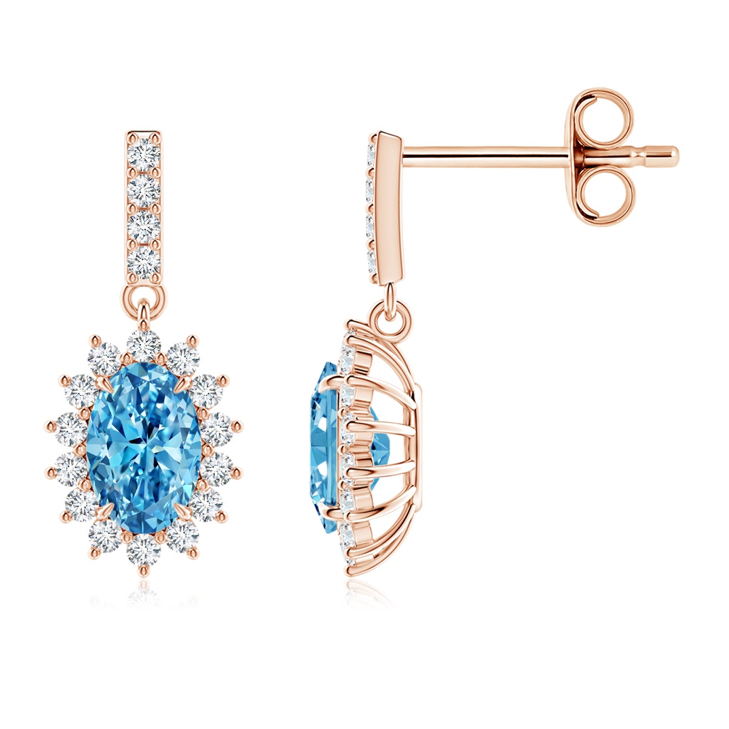 6x4mm Labgrown Lab-Grown Fancy Intense Blue Diamond Dangle Earrings with Floral Halo in Rose Gold