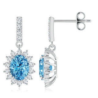 8x6mm Labgrown Lab-Grown Fancy Intense Blue Diamond Dangle Earrings with Floral Halo in P950 Platinum