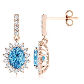 8x6mm Labgrown Lab-Grown Fancy Intense Blue Diamond Dangle Earrings with Floral Halo in Rose Gold