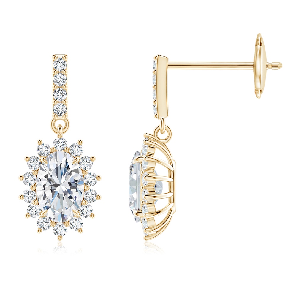 6x4mm FGVS Lab-Grown Diamond Dangle Earrings with Floral Halo in Yellow Gold