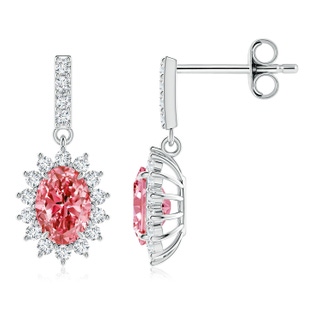 7.3x5.2mm Labgrown Lab-Grown Fancy Intense Pink Diamond Dangle Earrings with Floral Halo in P950 Platinum