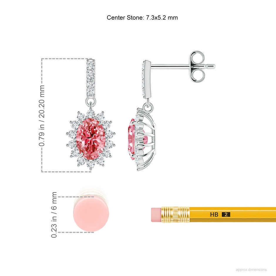 7.3x5.2mm Labgrown Lab-Grown Fancy Intense Pink Diamond Dangle Earrings with Floral Halo in White Gold ruler