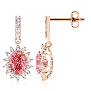 8x6mm Labgrown Lab-Grown Fancy Intense Pink Diamond Dangle Earrings with Floral Halo in Rose Gold