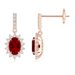 6x4mm Labgrown Lab-Grown Ruby Dangle Earrings with Floral Lab Diamond Halo in 9K Rose Gold