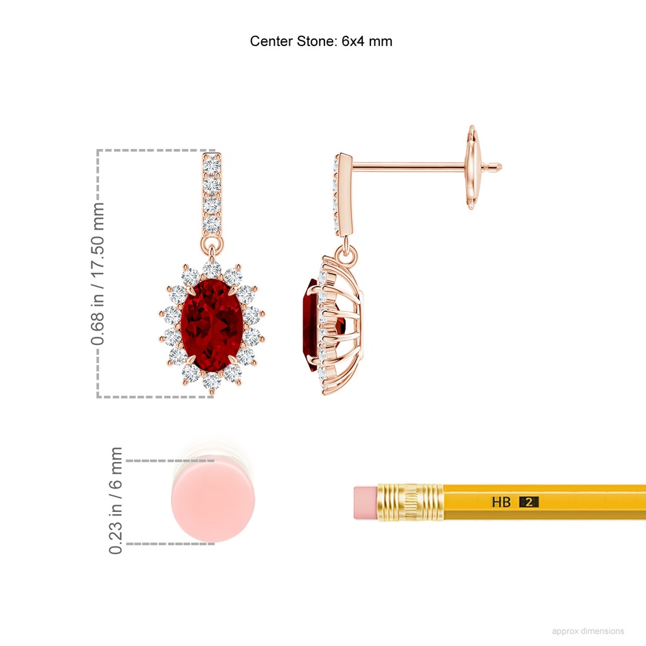 6x4mm Labgrown Lab-Grown Ruby Dangle Earrings with Floral Lab Diamond Halo in Rose Gold ruler