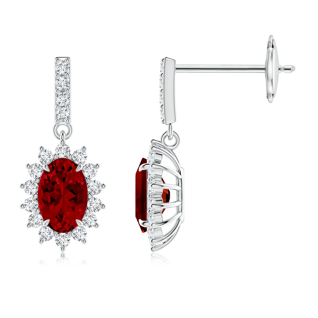 6x4mm Labgrown Lab-Grown Ruby Dangle Earrings with Floral Lab Diamond Halo in White Gold