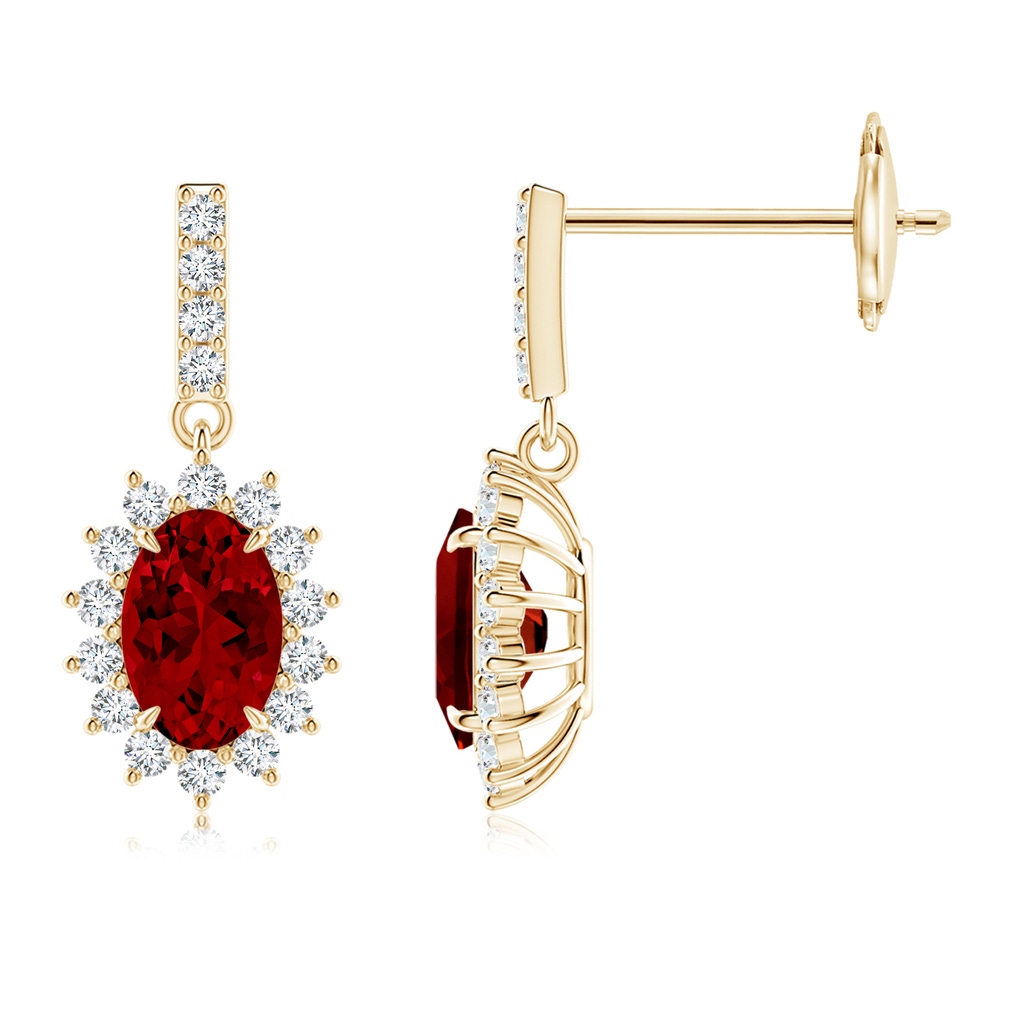 6x4mm Labgrown Lab-Grown Ruby Dangle Earrings with Floral Lab Diamond Halo in Yellow Gold
