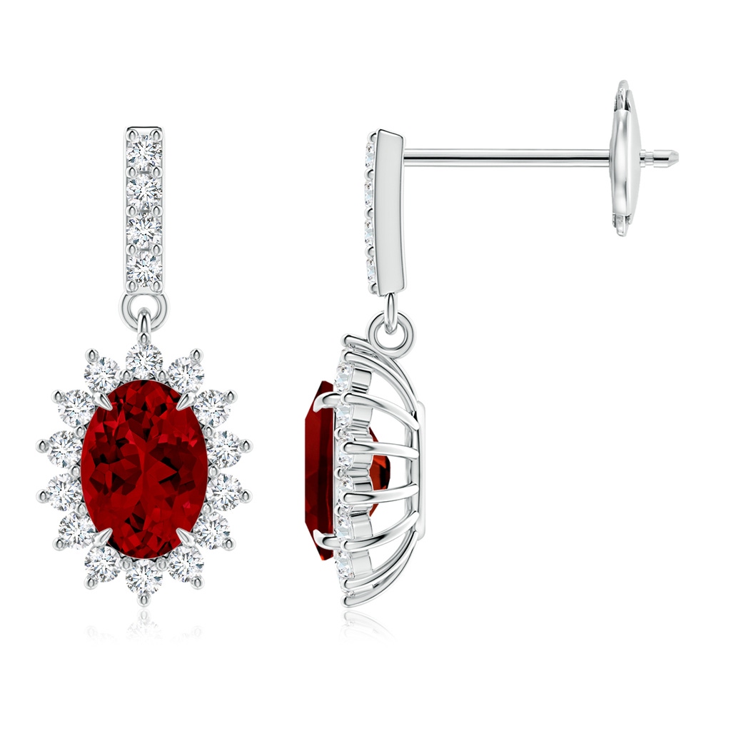 7x5mm Labgrown Lab-Grown Ruby Dangle Earrings with Floral Lab Diamond Halo in 18K White Gold