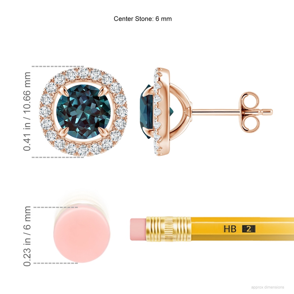 6mm Labgrown Vintage Style Lab-Grown Alexandrite and Diamond Halo Stud Earrings in Rose Gold ruler