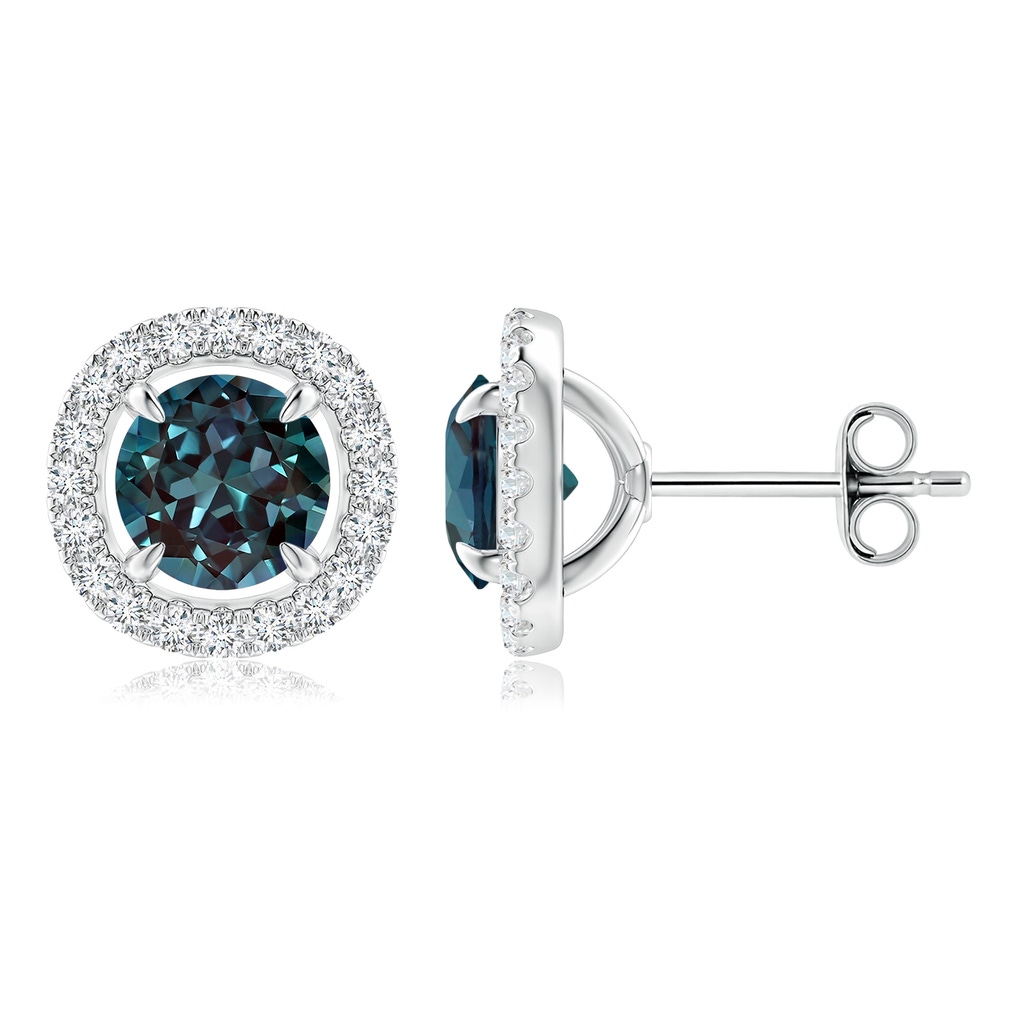 6mm Labgrown Vintage Style Lab-Grown Alexandrite and Diamond Halo Stud Earrings in White Gold