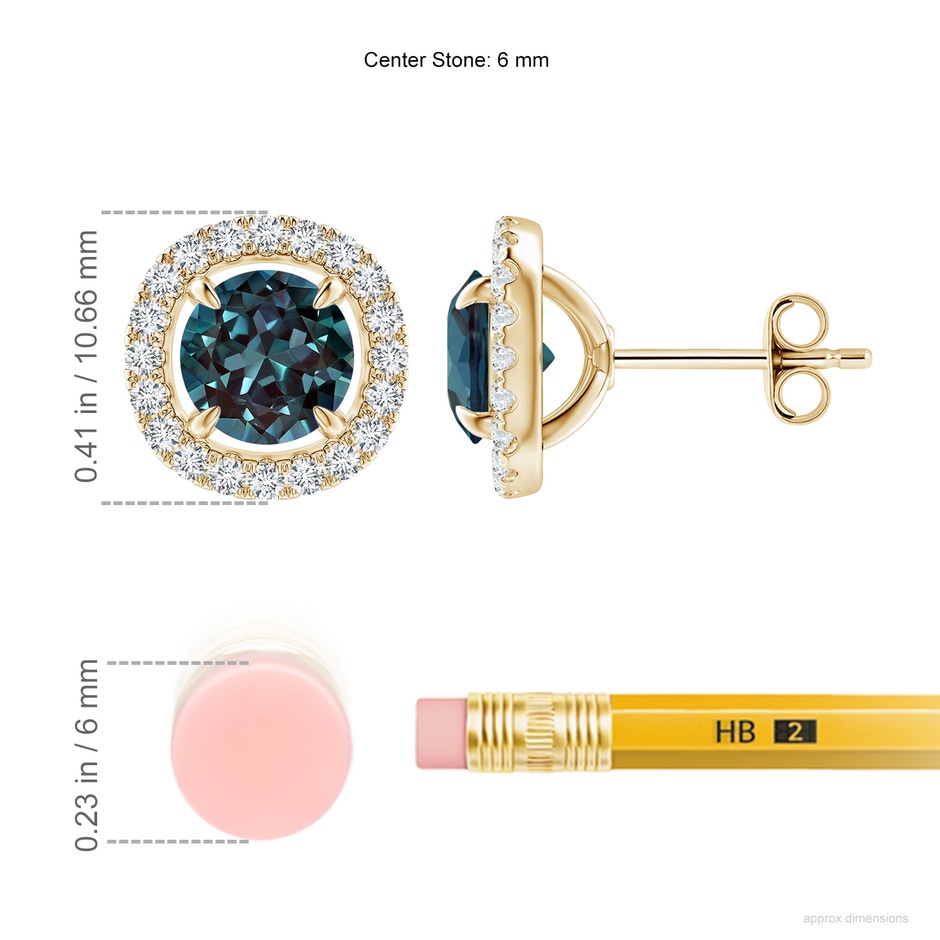 6mm Labgrown Vintage Style Lab-Grown Alexandrite and Diamond Halo Stud Earrings in Yellow Gold ruler