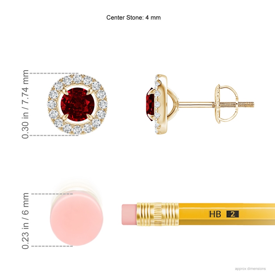 4mm Labgrown Lab-Grown Vintage Style Ruby and Diamond Halo Stud Earrings in Yellow Gold ruler