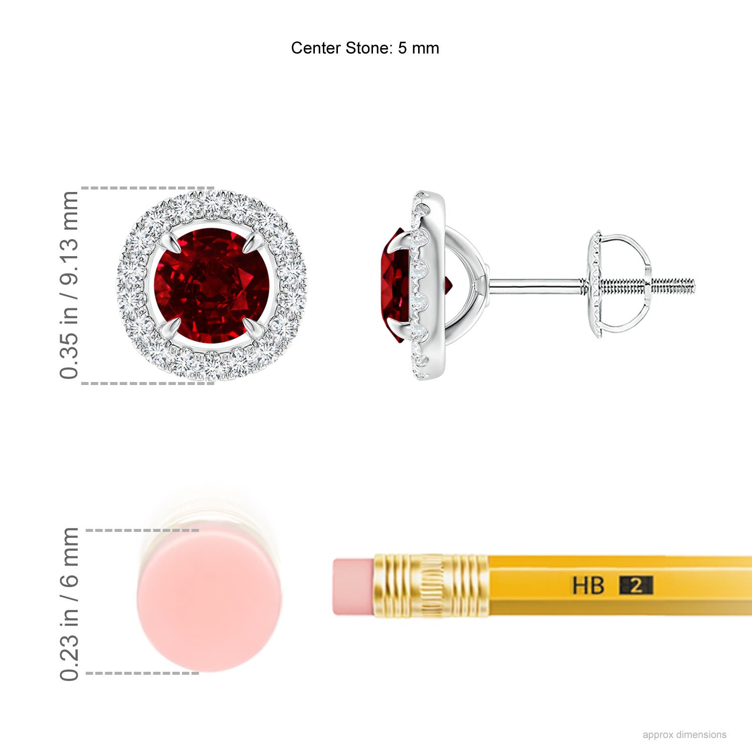 5mm Labgrown Lab-Grown Vintage Style Ruby and Diamond Halo Stud Earrings in White Gold - ruler