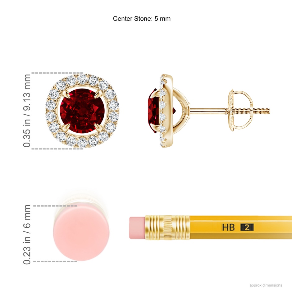 5mm Labgrown Lab-Grown Vintage Style Ruby and Diamond Halo Stud Earrings in Yellow Gold ruler