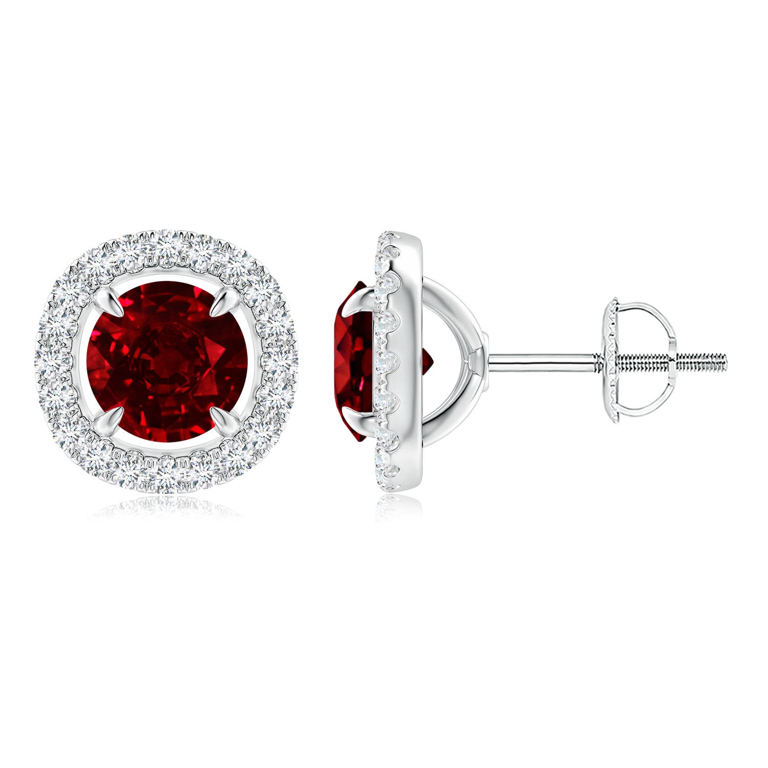 6mm Labgrown Lab-Grown Vintage Style Ruby and Diamond Halo Stud Earrings in 18CT White Gold