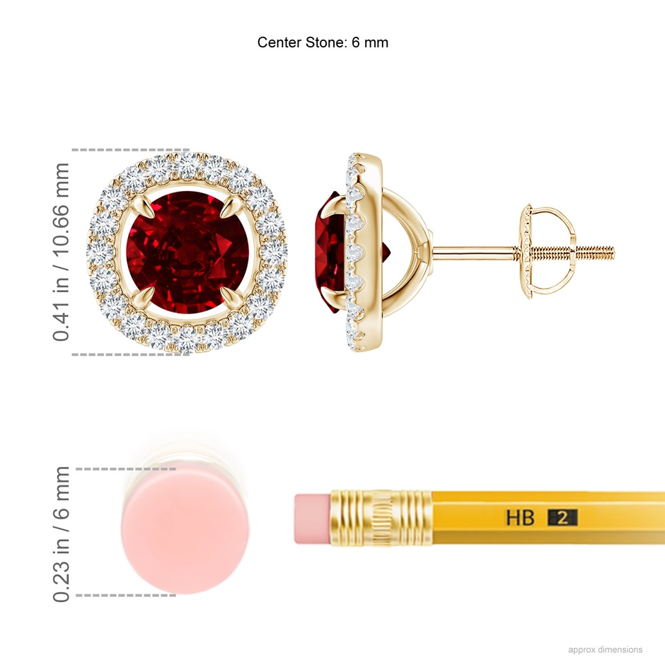 6mm Labgrown Lab-Grown Vintage Style Ruby and Diamond Halo Stud Earrings in Yellow Gold ruler