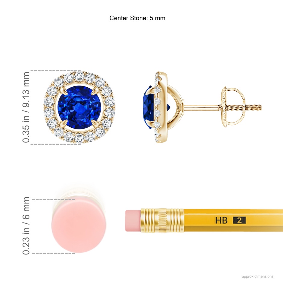 5mm Labgrown Lab-Grown Vintage Style Sapphire and Diamond Halo Stud Earrings in Yellow Gold ruler