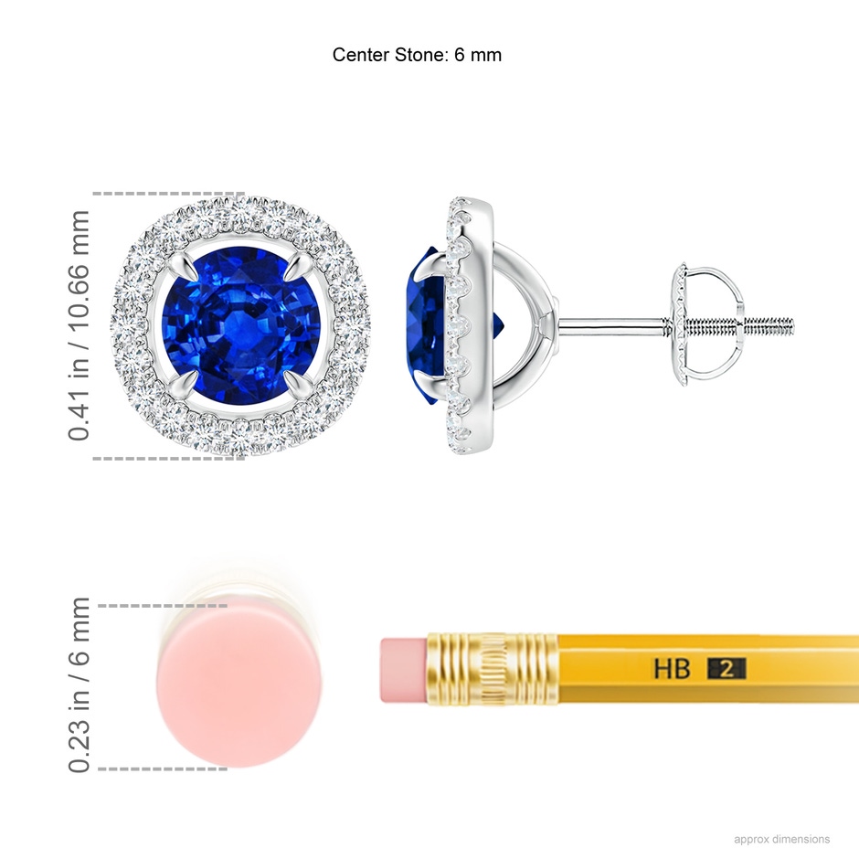 6mm Labgrown Lab-Grown Vintage Style Sapphire and Diamond Halo Stud Earrings in White Gold ruler