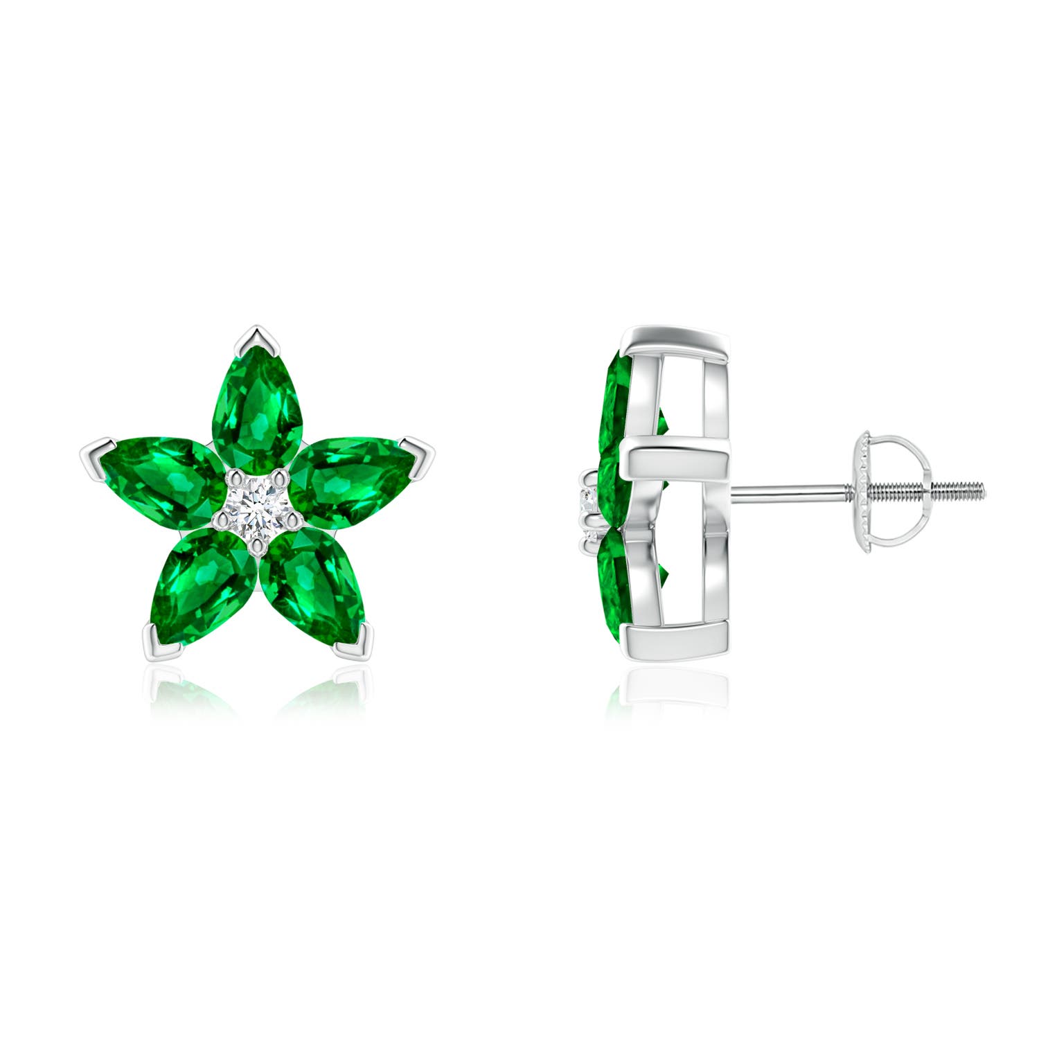 5x3mm Labgrown Lab-Grown-V-Prong Set Emerald and Diamond Flower Stud Earrings in White Gold