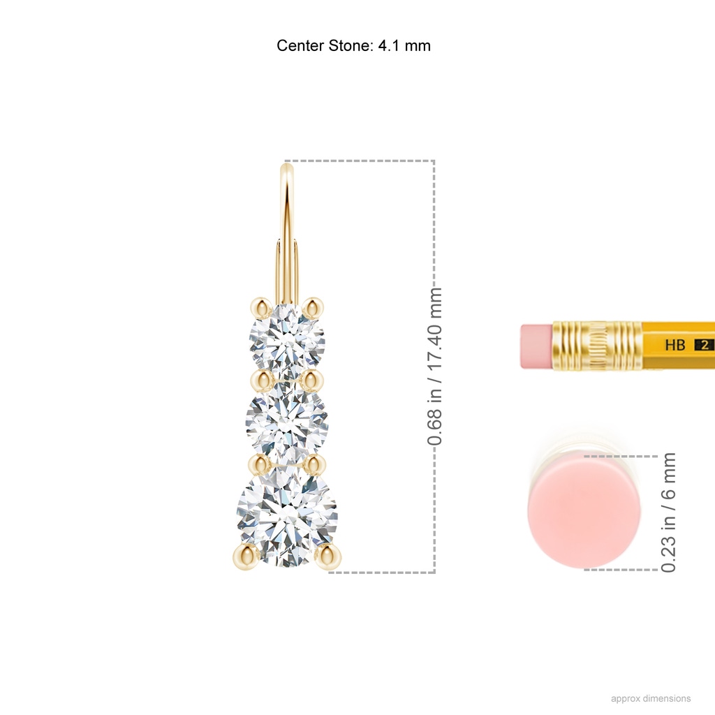 4.1mm FGVS Lab-Grown Round Diamond Three Stone Leverback Earrings in Yellow Gold ruler