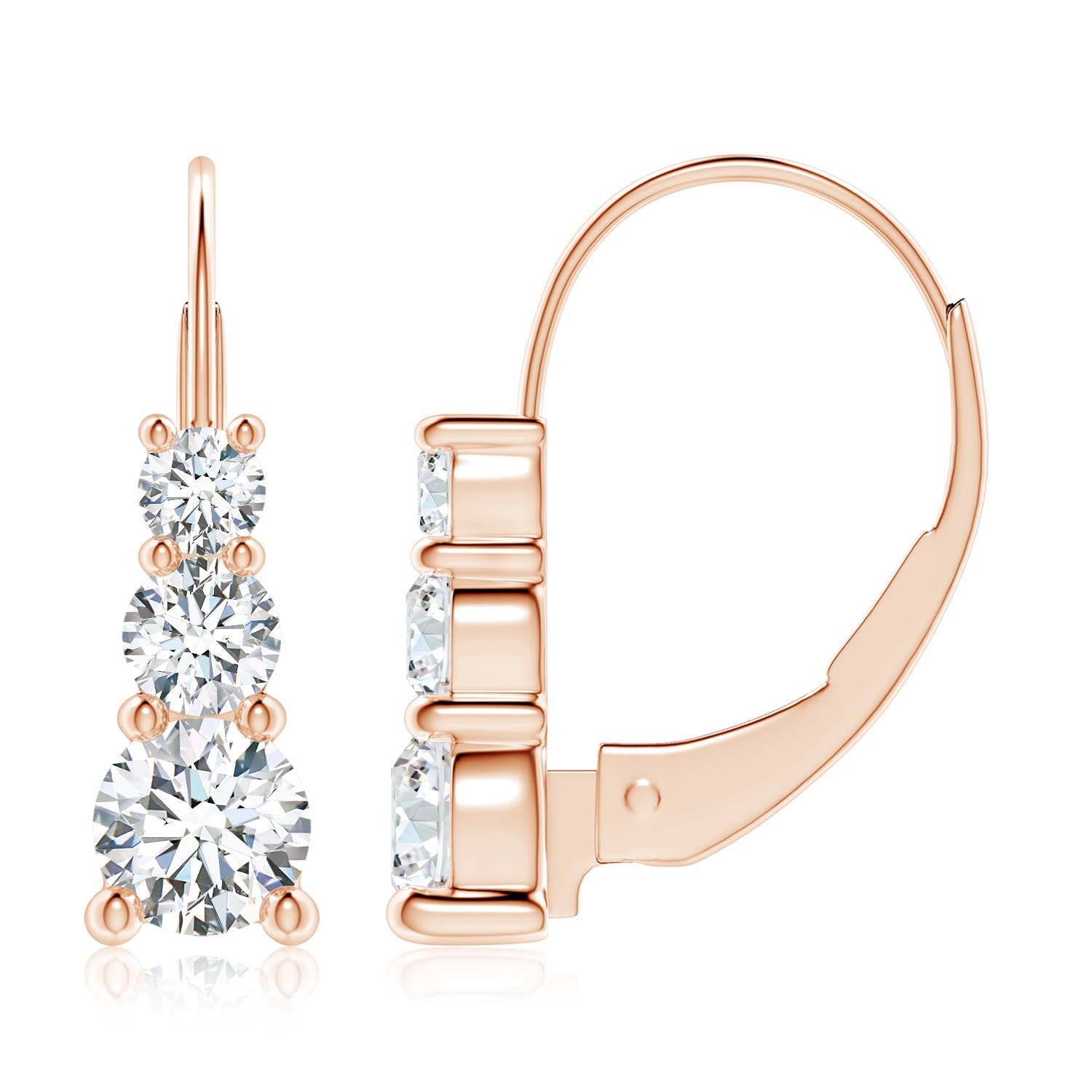 5.5mm FGVS Lab-Grown Round Diamond Three Stone Leverback Earrings in Rose Gold