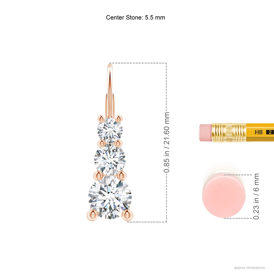 5.5mm FGVS Lab-Grown Round Diamond Three Stone Leverback Earrings in Rose Gold ruler
