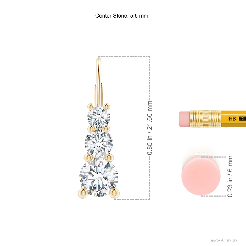 5.5mm FGVS Lab-Grown Round Diamond Three Stone Leverback Earrings in Yellow Gold ruler