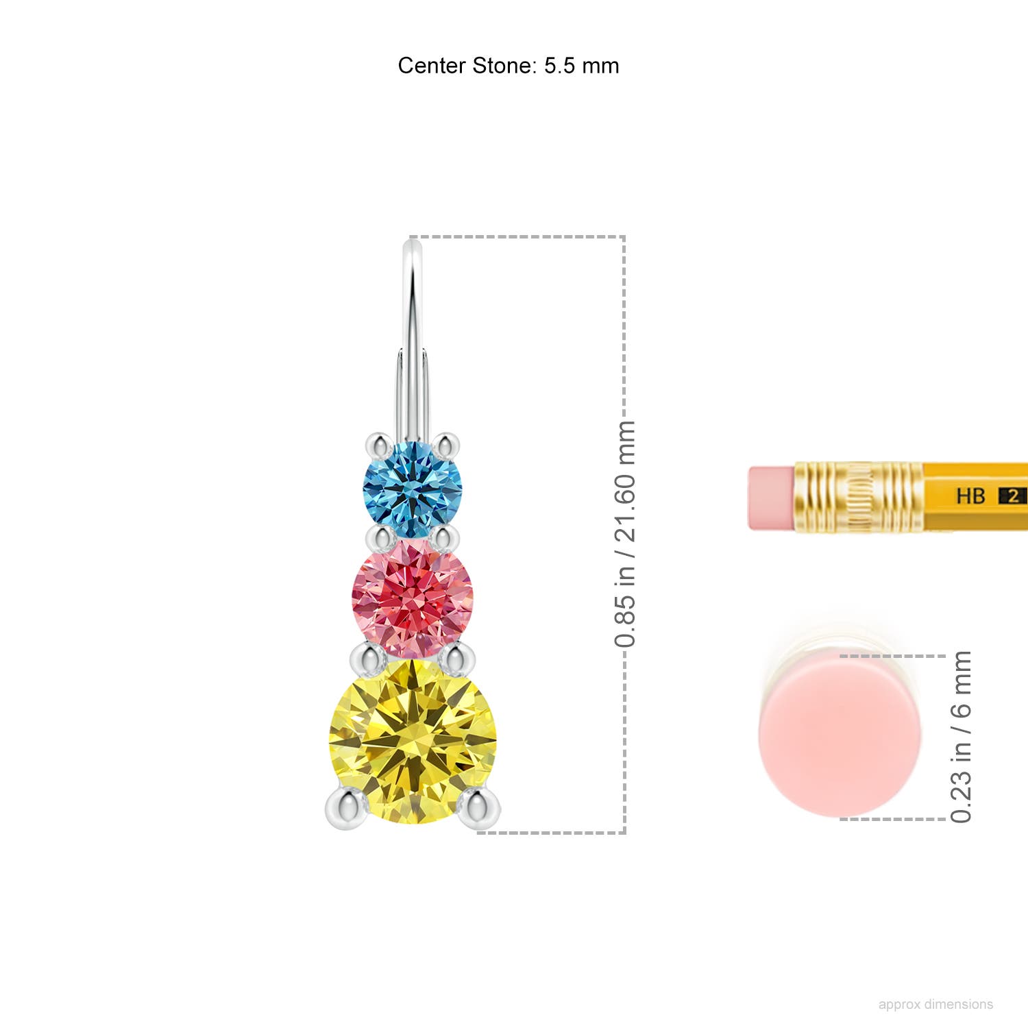 5.5mm Labgrown Round Lab-Grown Fancy Intense Multi-Colour Diamond Three Stone Leverback Earrings in White Gold - ruler
